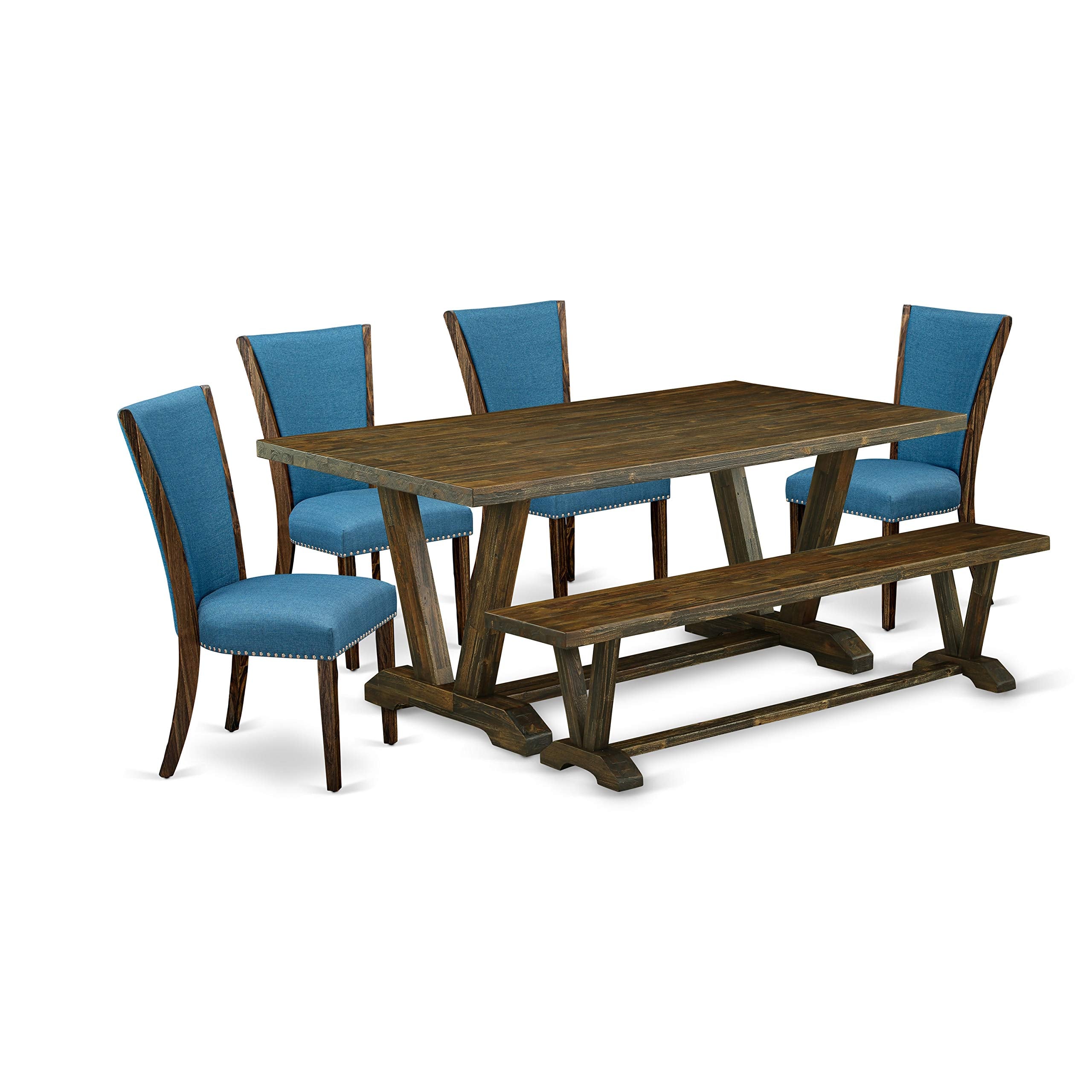 East West Furniture V777VE721-6 V-Style 6 Piece Set Contains a Rectangle Dining Room Table with V-Legs and 4 Blue Color Linen Fabric Parson Chairs with a Bench, 40x72 Inch